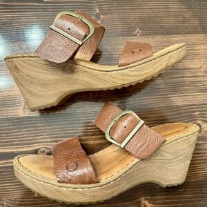 Born Brown Leather Wedge Buckle Sandals EUC